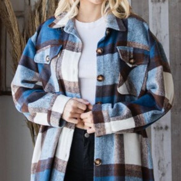 Plaid Oversized Long Shirt Jacket Shacket Coat - Picture 7 of 7